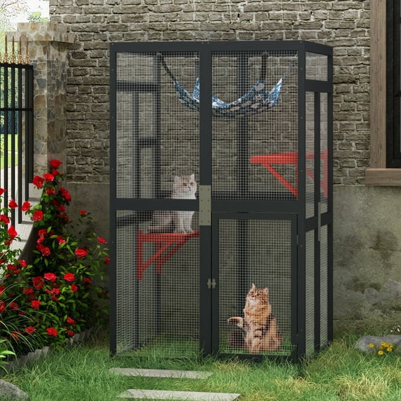 COZIWOW 64" Catio Outdoor Cat Enclosure Window Access with 3 platforms & hammock, Waterproof Roof Wooden Cat House Cage Indoor, Black