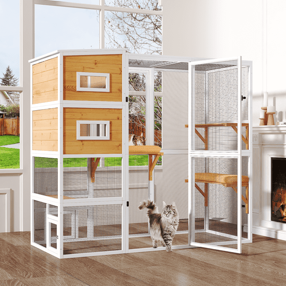 TIMHAKA Catio Outdoor Cat Enclosure Large Wooden Cat House for Mulitiple Cats w/ Resting Box, Platform, Waterproof Roof & Large Door, White