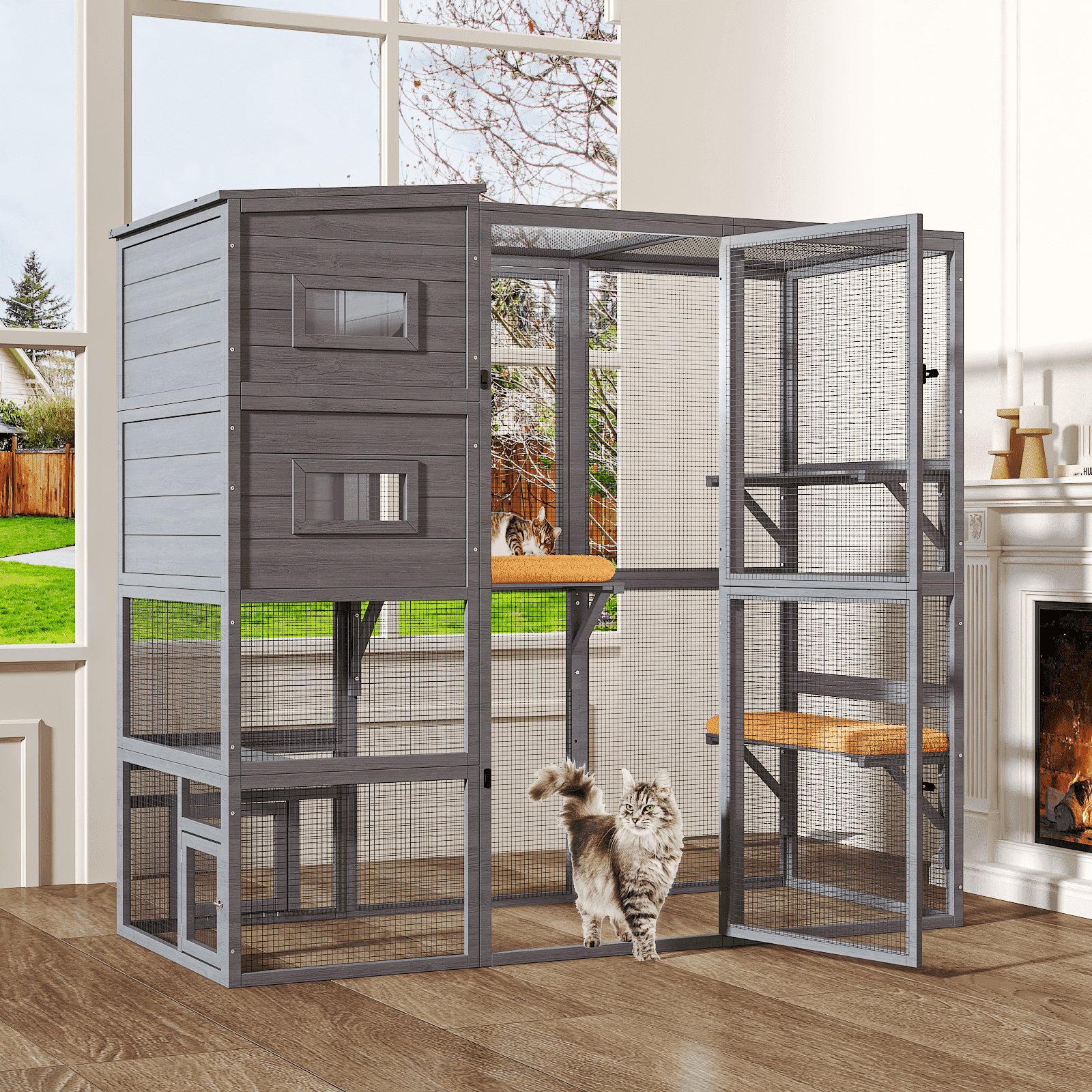 TIMHAKA Catio Outdoor Cat Enclosure Large Wooden Cat House for Mulitiple Cats w/ Resting Box, Platform, Waterproof Roof & Large Door, Gray