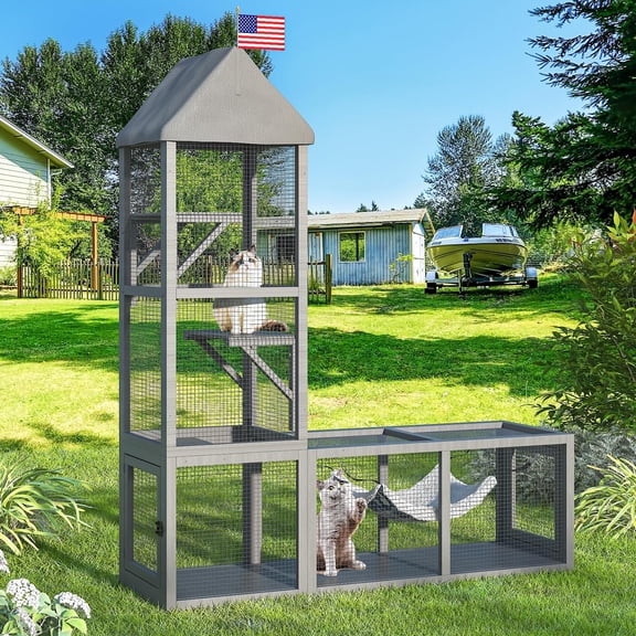 Catio Outdoor Cat Enclosure with Tunnel, 2 in 1 Outside Pet Playground Include 1 Catio and 1 Tunnel, Cat Enclosure with Cats Hammock and Waterproof Cover, Indoor Outdoot Cats Cage with 2 Door