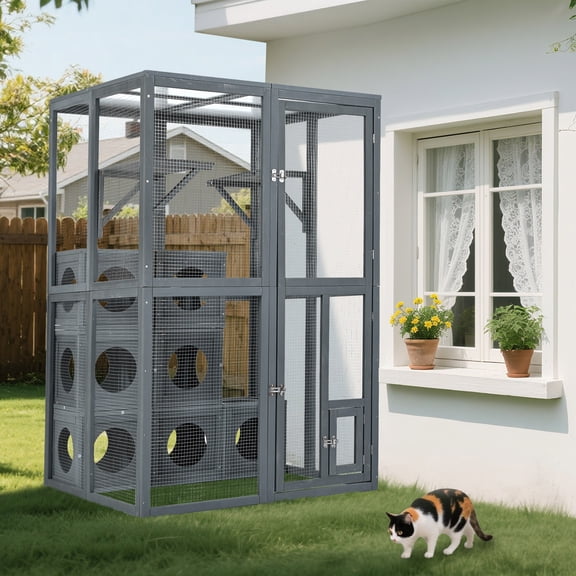 Catio Outdoor Cat Enclosure with Double Enter Doors, Grey Climbing Shelves, Weatherproof Pine Wood Playground with 7 Freely Combination Wood Boxes