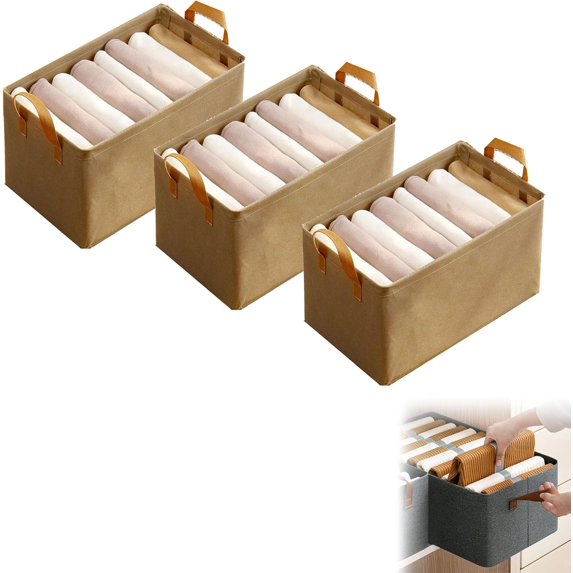 Cation Multi-functional Folding Wardrobe, Pickelect Storage Boxes, Foldable Jeans Organizer for Closet, Ultra Space Clothes Drawer Organizer Closet with Handle (Khaki 3pcs)