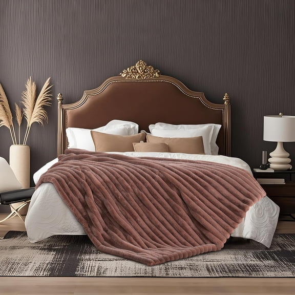 Cationic Fox Pink Brown Faux Fur Throw Blanket Ribbed Plush Cozy Soft Luxury Bed Sofa Decor 55x70 Inch