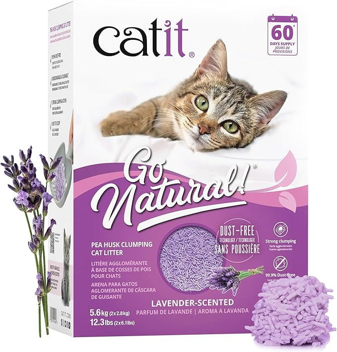 Catit - Go Natural Pea Husk Clumping Cat Litter - Lightweight Dust Free Easy Cleaning and Scooping Flushable Kitty Litter with Odor Control and Subtle Fragrance - 12.3 Lbs Lavender Scented