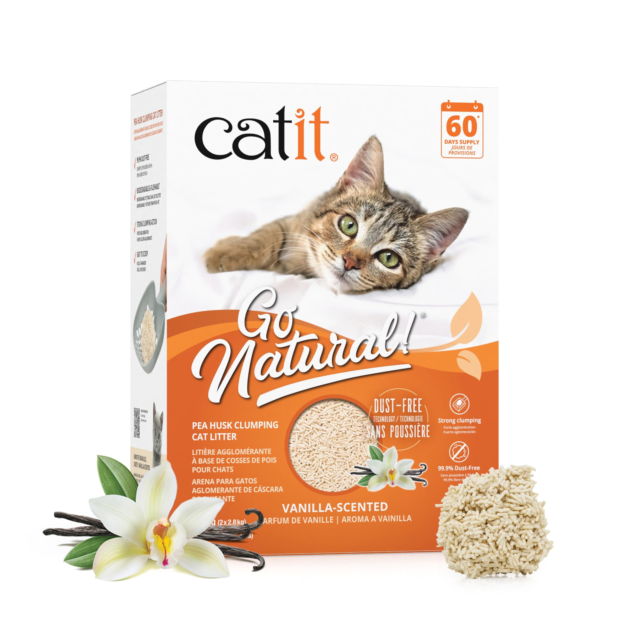 Catit - Go Natural Pea Husk SMRClumping Cat Litter - Lightweight, Dust Free, Easy Cleaning & Scooping, Flushable Kitty Litter with Odor Control & Subtle Fragrance - 12.3 Lbs, Vanilla Scented
