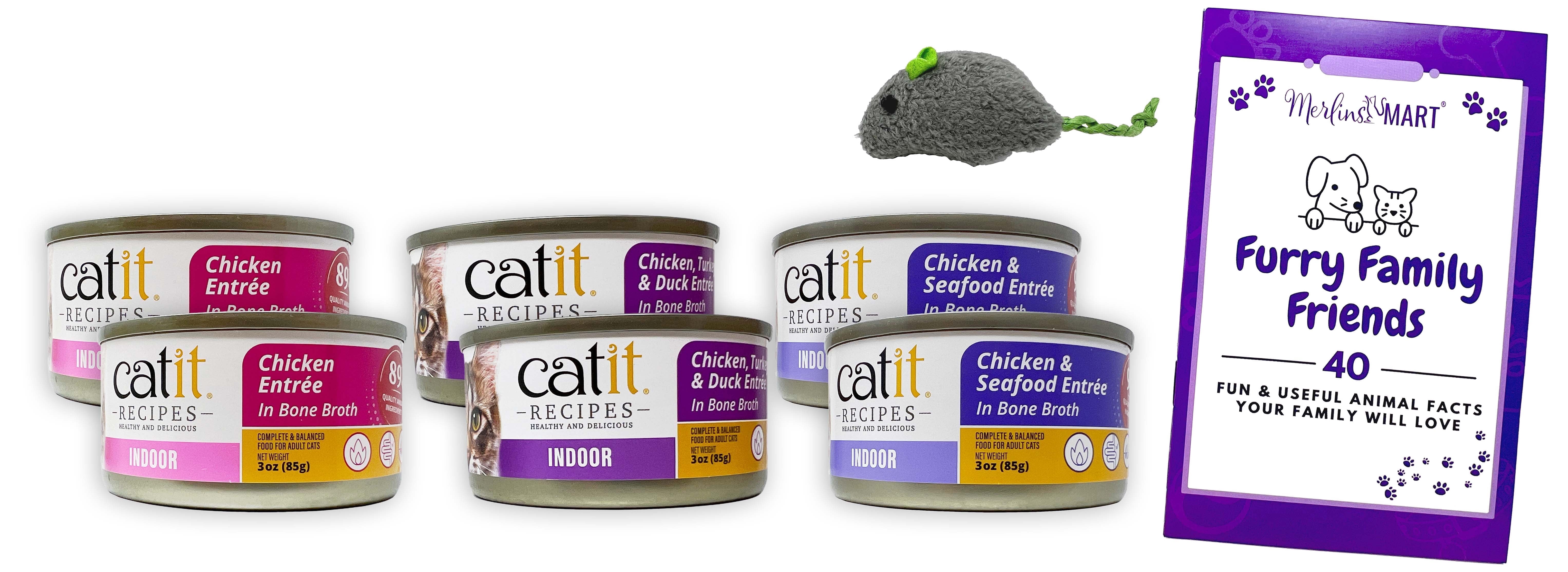 Catit Indoor Cat Food Cans - 3 Flavors - 2 Each: Chicken & Seafood, Chicken, Chicken Turkey Duck (3 oz) | MerlinsMart Zine + Cat Toy