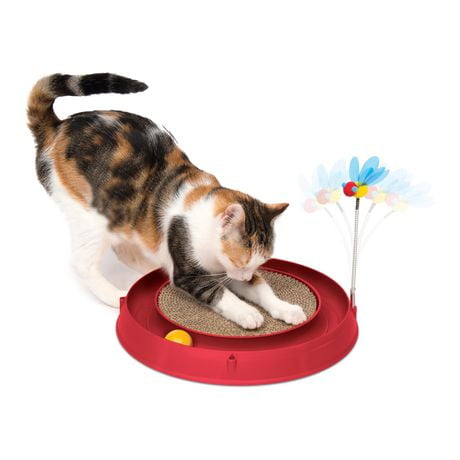 Red Interactive Cat Toy with Scratch Pad and Ball Circuit