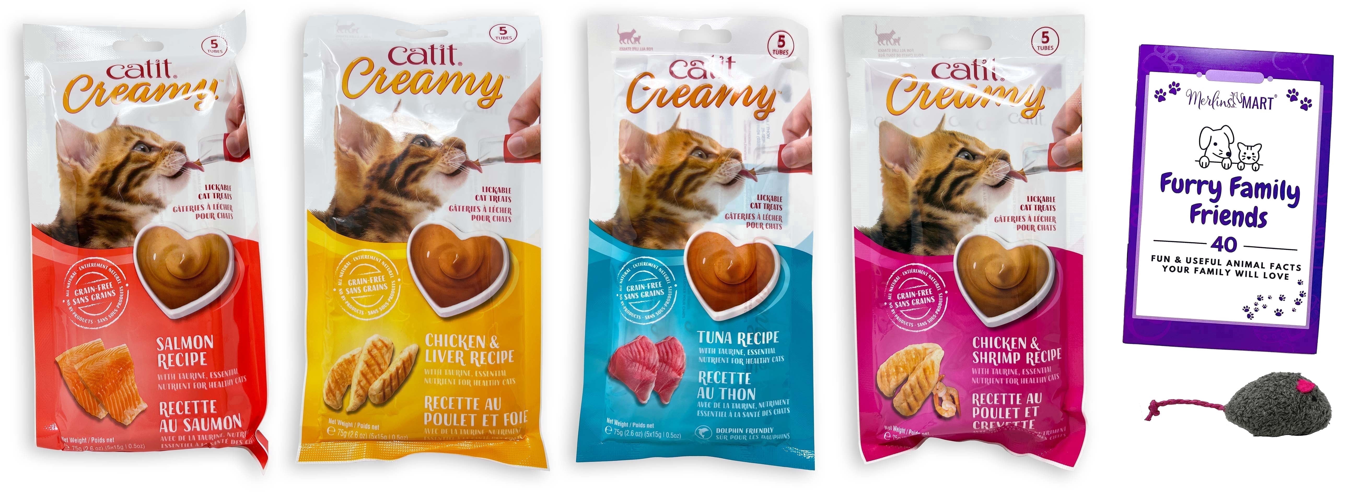 Catit Creamy Puree Cat Food Topper – Chicken & Liver, Tuna, Chicken & Shrimp, Salmon – 4 Pack (2.6 oz Each) | MerlinsMart Zine & Catnip Toy