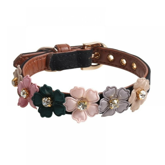 Catlerio Adjustable Flowers PU Leather Pet Puppy Dog Collar Neck Strap Safe Buckle Decor
