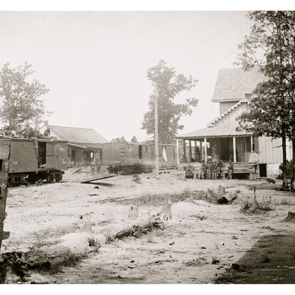 Catlett's Station, Va. The station with U.S. military railroad boxcars and soldiers Poster Print (18 x 24)