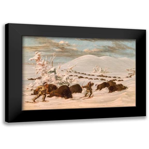 Catlin, George 14x11 Black Modern Framed Museum Art Print Titled - Winter Sport of Killing Buffalo