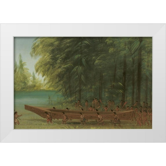 Catlin, George 14x11 White Modern Wood Framed Museum Art Print Titled - Launching a Canoe Nayas Indians