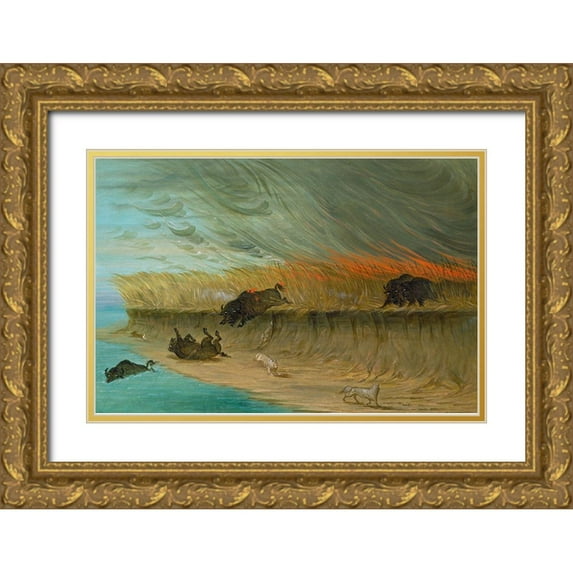 Catlin, George 18x13 Gold Ornate Wood Framed with Double Matting Museum Art Print Titled - Prairie Meadows Burning