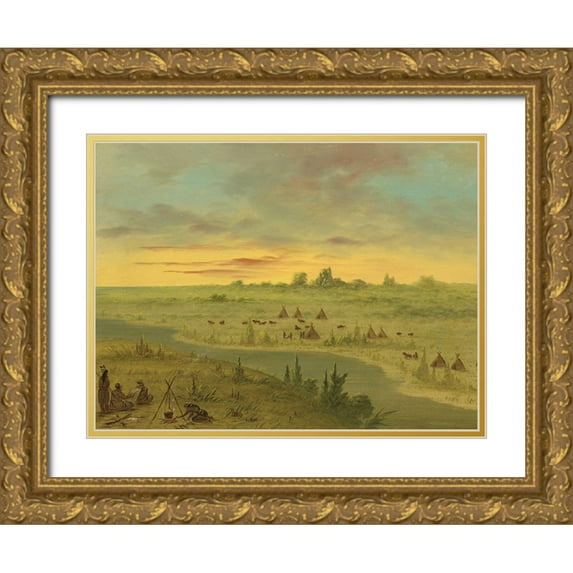 Catlin, George 18x15 Gold Ornate Wood Framed with Double Matting Museum Art Print Titled - Encampment of Pawnee Indians at Sunset