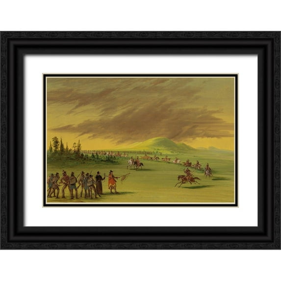 Catlin, George 24x17 Black Ornate Wood Framed with Double Matting Museum Art Print Titled - La Salle Meets a War Party of Cenis Indians on a Texas Prairie. April 25, 1686