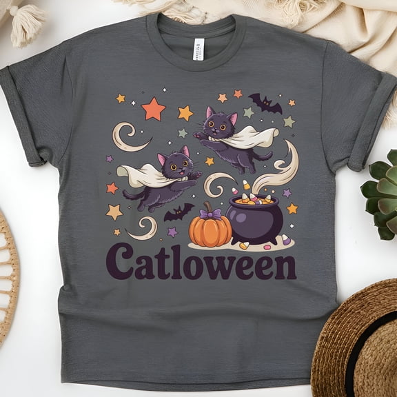Catloween Black Cat T-Shirt | Cute Halloween Kittens and Pumpkin Graphic Tee, Dark Heather, Size M