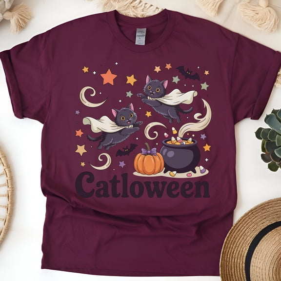 Catloween Black Cat T-Shirt | Cute Halloween Kittens and Pumpkin Graphic Tee, Maroon, Size 3XL