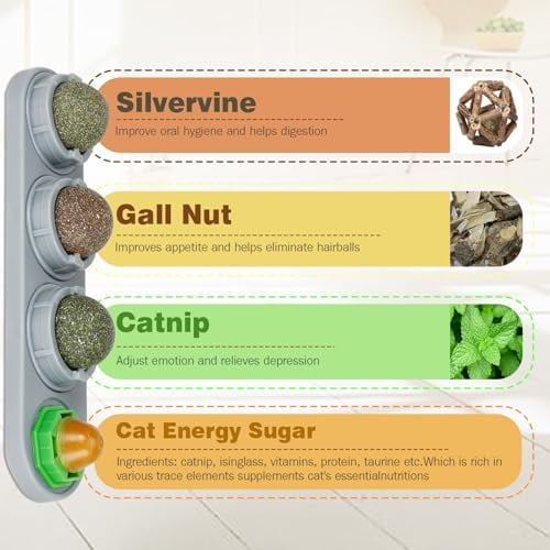 Catnip Ball for Cats Wall, 4 Pack Catnip Toys, Silvervine Balls, Edible Kitty Toys for Cats Lick, Safe Healthy Kitten Chew Toys for Teeth Cleaning Dental, Cat Wall Treats (Grey)