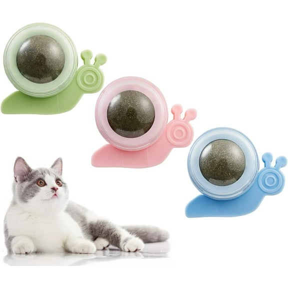 Catnip Ball Toys Edible 3Pcs Kitten Toys for Cats Lick Safe Healthy Kitty Chew Toys Teeth Cleaning Dental Cat Toy Cat Wall Treats Snail Rotatable Ball Dental Lick Toy (Blue Pink Green)