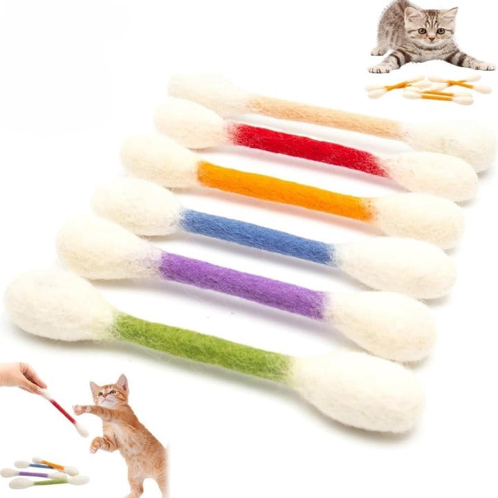 Catnip Filled Giant Cotton Swabs - Durable Wool Chew Toys for Kittens & Adult Cats Interactive Play (Set of 6)