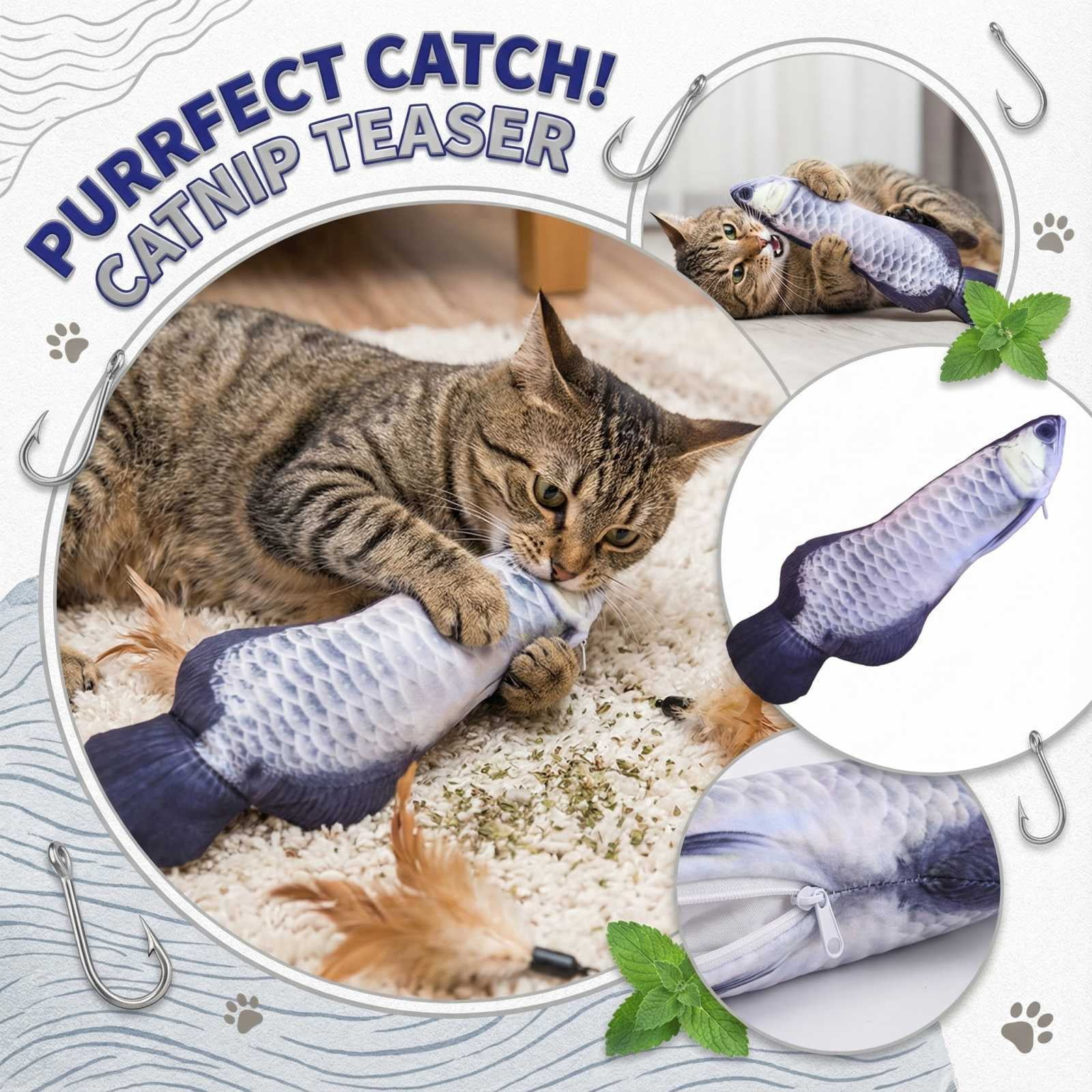 Catnip Infused Teething Biting Interactive Cat Wand Toy - Silver Dragon Fish Style, 12Inch Length, Zippered Design For Cats - Chew & Play Toy For Indoor Cats And Kittens