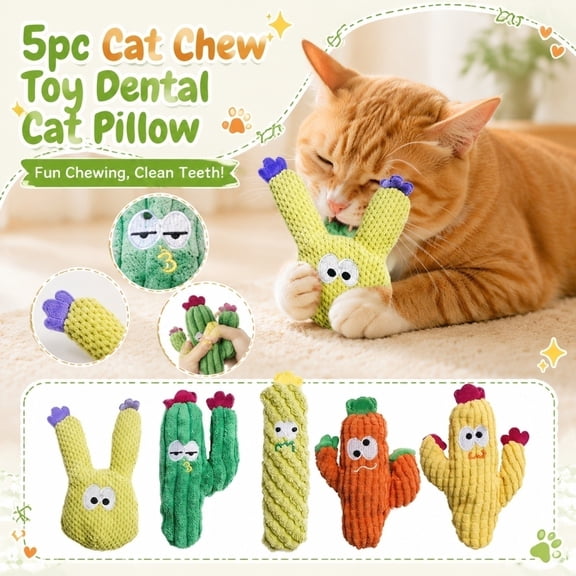 Catnip Kitten Chew Toys 5 Pack, Soft Plush Cactus Toys, Carrot Plush, Corn Plush, Pet Stocking Stuffer, Oral Relief Chew Set, Corduroy Washable Cute Plush Catnip Pillows for