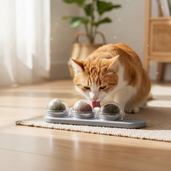 Catnip Silvervine Ball Rotating Catnip Toy Edible Kitty Lick Toy Catnip Gall Fruit Treats Extra Cat Energy Wall Treats Ball for Indoor Cats Teeth Cleaning, Gray