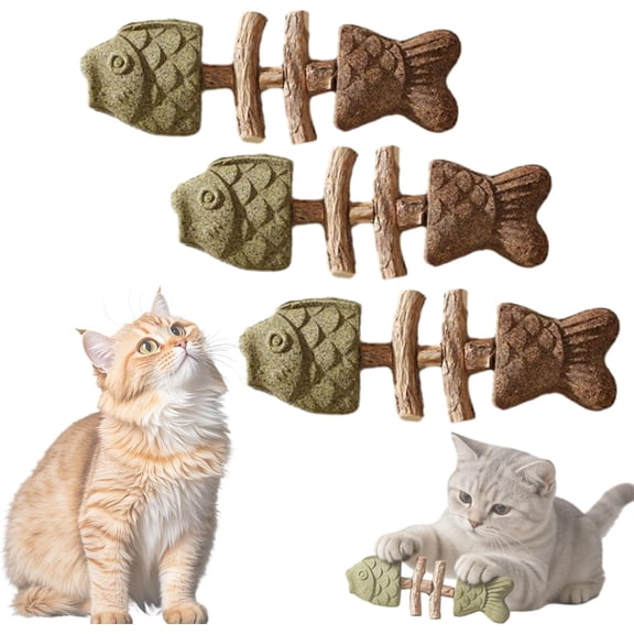 Sterling Whiskers Cat Chew, Catnip Silvervine Fish Bone Chew Stick, Natural Wooden Chew Accessory, Fish Bone Shaped Indoor Activity Item (Mix*3)