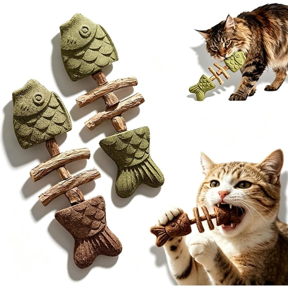 Catnip & Silvervine Chew, Natural Fishbone Wooden Cat Dental Chew Toy, Teeth Cleaning Stick Improves Cat Oral Health, Interactive Kitten Chewing Play Toy for All Breeds Cats (1, 2pcs)