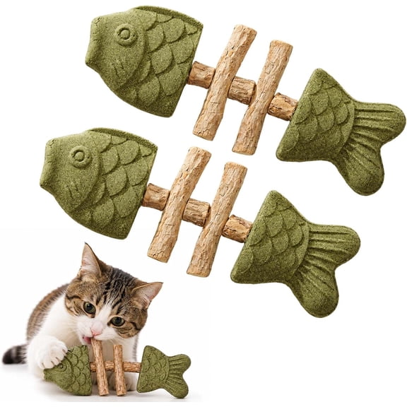 Catnip and Silvervine Chew, Natural Wood and Gall Fruit Fishbone Chew Toy for Cats, Cat Chew Stick for Licking Biting Pawing and Indoor Play (2PCS, Medium, Catnip Flavor)
