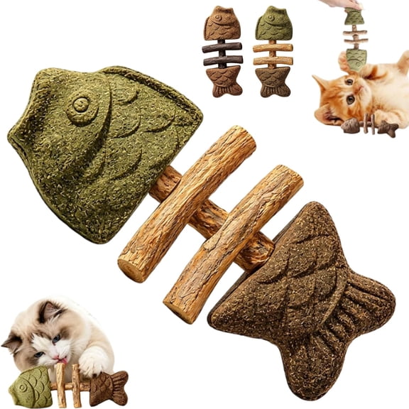 Catnip and Silvervine Chew, Wooden Catnip & Silvervine Chew, Natural Fish Bone Cat Dental Chews Toy, Durable Catnips Teeth Cleaning Stick for Chewing, Biting, Teeth Cleaning (Mix)