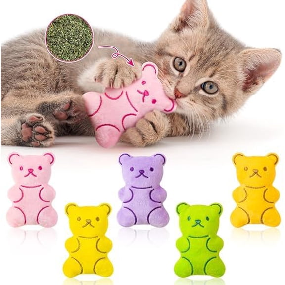 Catnip Toys for Cat - 5Pcs Gummy Colorful Bear Catmint Interactive Cat Toy for Indoor Cats, Soft Candy Kitten Supplies, Kitten Teething Chew Toy Set, Cute Pet Gifts for Cat Lover