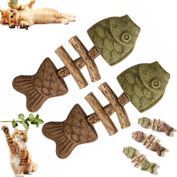 Catnip and Silvervine Chew,Natural Fishbone Teeth Cleaning Stick,Durable Wooden Feline Tooth Care Tool for Cats