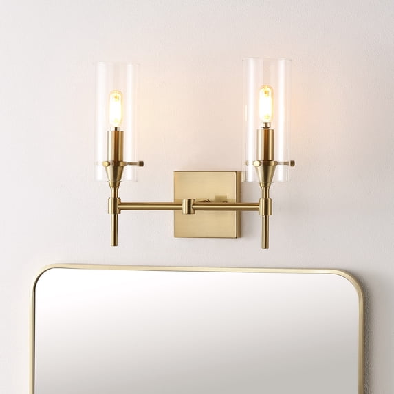 JONATHAN Y Cato 13.5" 2-Light Modern Farmhouse Iron/Glass LED Vanity, Brass Gold/Clear