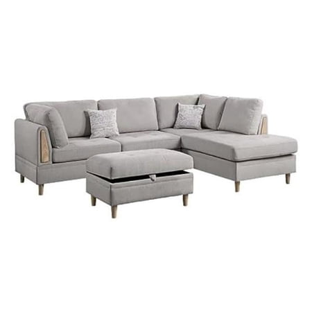 Cato 3 Piece L Shape Sectional Sofa Set with Ottoman, 2 Pillows, Off White