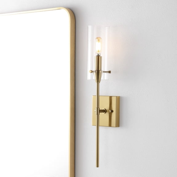 JONATHAN Y Cato 4.5" 1-Light Bohemian Farmhouse Iron/Glass LED Vanity, Brass Gold/Clear