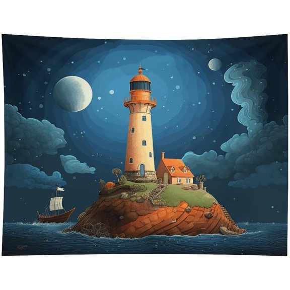 Catoon Whale Lighthouse Print Tapestry 30"x40", Unique Wall Tapestry Hanging Art Decor, Horizontal Tapestries for Bedroom Living Room Camping Dorm