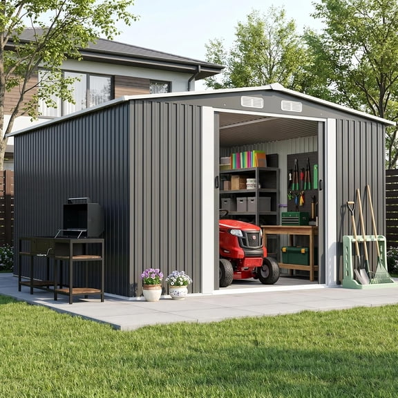 Catrimown 11×13 Grey Metal Outdoor Storage Shed, solid steel garden tool shed with sliding door, spacious utility storage for backyard, patio and lawn