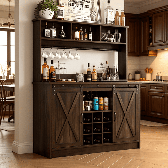 Catrimown 47 Inch Dark Oak Farmhouse Coffee Bar, sliding barn doors and 3 storage hutch, fitted with 6 hooks and 9 wine racks for kitchen and dining room