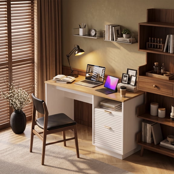Catrimown 47 Inch Fluted Computer Desk with 2 Storage Drawers, White Writing Desk with Gold‑Tone Handles for Bedroom Home Office