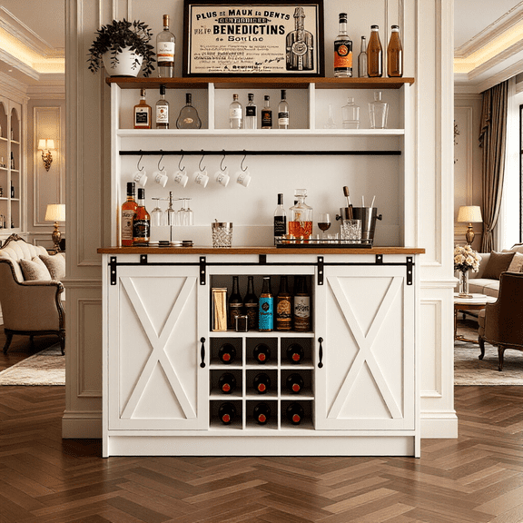 Catrimown 47 Inch White Farmhouse Coffee Bar, sliding barn doors and 3 storage hutch, equipped with 6 hooks and 9 wine racks for kitchen and dining room