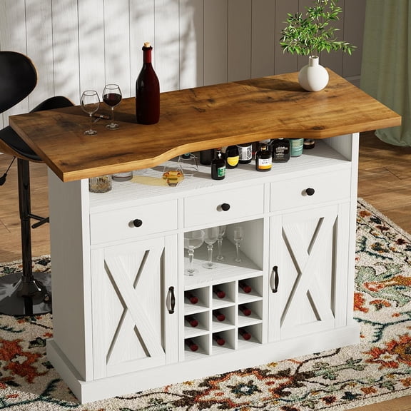 Catrimown 52 Inch White Farmhouse Bar Table with Foot Rail, Wine Bar Cabinet with 9 Wine Racks & 3 Drawers