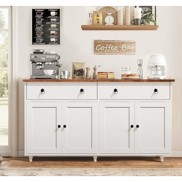 Catrimown 55" Coffee Bar Cabinet, Kitchen Storage Cabinet with 2 Drawers and 4 Doors, Sideboard Buffet Cabinet with Adjustable Shelf for Kitchen, Dining Room, White