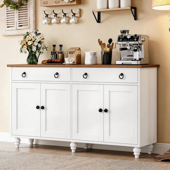 Catrimown Buffet Cabinet with 2 Drawers and 4 Doors, 55.1" W Kitchen Sideboard Storage Cabinet with Adjustable Shelves, Mid Century Coffee Bar for Dining Room, White