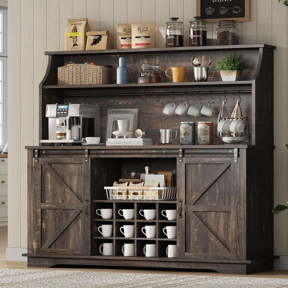 Catrimown 55 Inch Oak Farmhouse Coffee Bar Cabinet, 3-Tier Storage Hutch with 12 Wine Racks, 3 Glass Holders & 6 Hooks