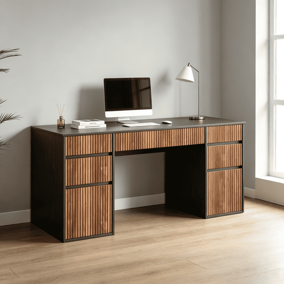 Catrimown 58 Inch Black Executive Office Desk, Modern Computer Study Table with 7 File Storage Drawers, Multifunctional Workstation Desk for Bedroom, Living Room and Home Office, Black