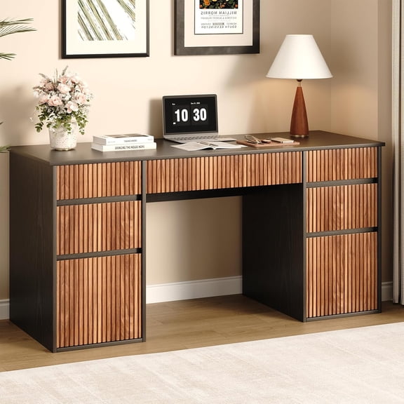 Catrimown 58 Inch Black Executive Office Desk, Modern Computer Study Table with 7 File Storage Drawers, Multifunctional Workstation Desk for Bedroom, Living Room and Home Office, Black