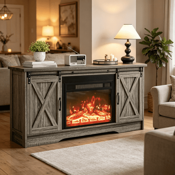 Catrimown 59 Inch Oak Farmhouse Electric Fireplace TV Stand, Rustic Entertainment Center with 23" Realistic Flame & Adjustable Storage Cabinets