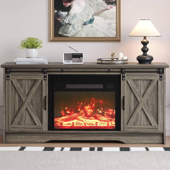 Catrimown 59 Inch Washed Gray Farmhouse Electric Fireplace TV Stand Rustic Entertainment Center with 23 Flame Feature & Adjustable Storage Cabinets-No Electric Fireplace