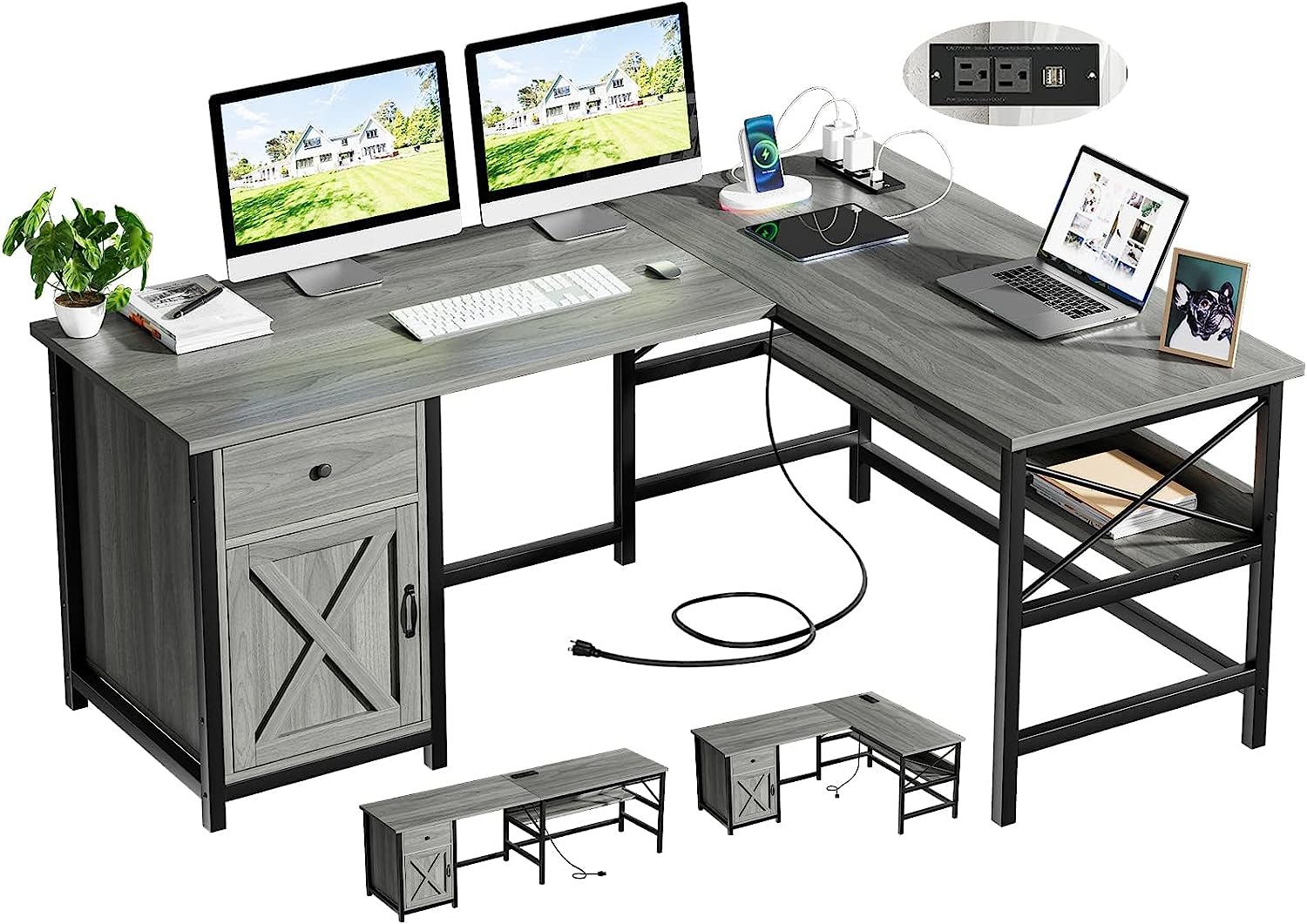 Catrimown 63" Grey L Shaped Desk, Reversible Computer Desk with